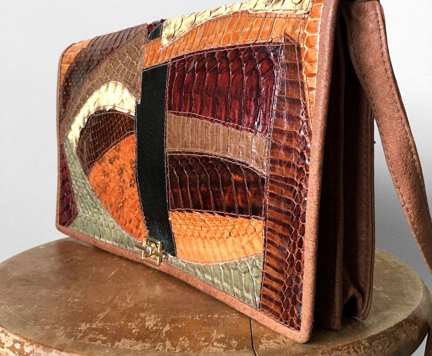 1970s Made in Canada Lizard Leather Patchwork Crossbody Shoulder-Bag Purse