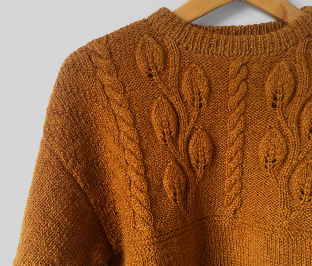 1970s Handmade Leaf Motif Cable-Knit Sweater