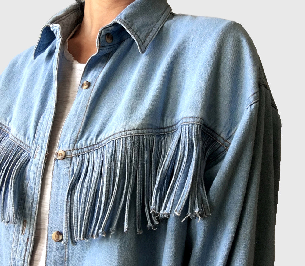 1990s Light-Wash South Western Fringe Button-Up Denim Jean Shirt