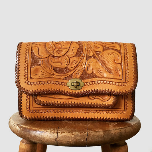 1950s Tooled-Leather Floral Motif Clutch Bag