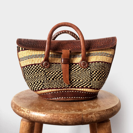 1970s Top Handle Boho Tooled Leather Woven Crossbody Basket Bag Purse