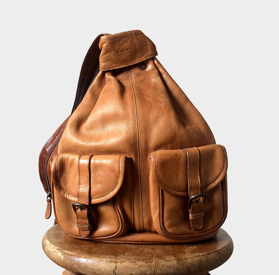 1990s High-End Buttery Soft Tan Leather Bucket Backpack Purse