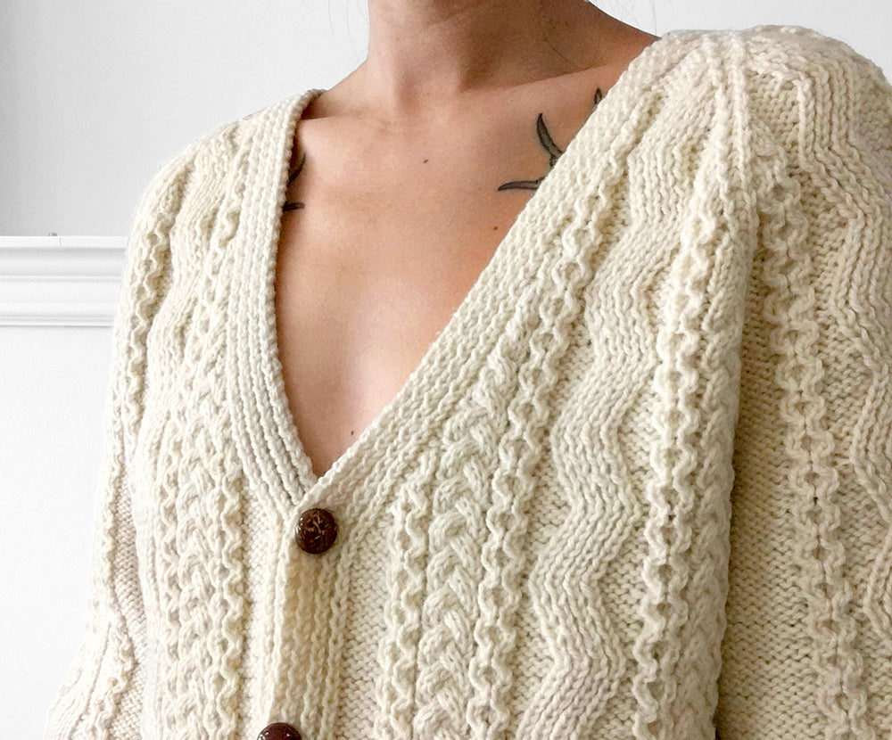 Cream Wool V-Neck Cable-Knit Cardigan, Sweater