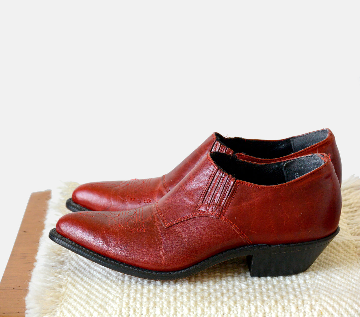 1980s Code West Made in the USA Red South Western Slip-On Leather Ankle Boots