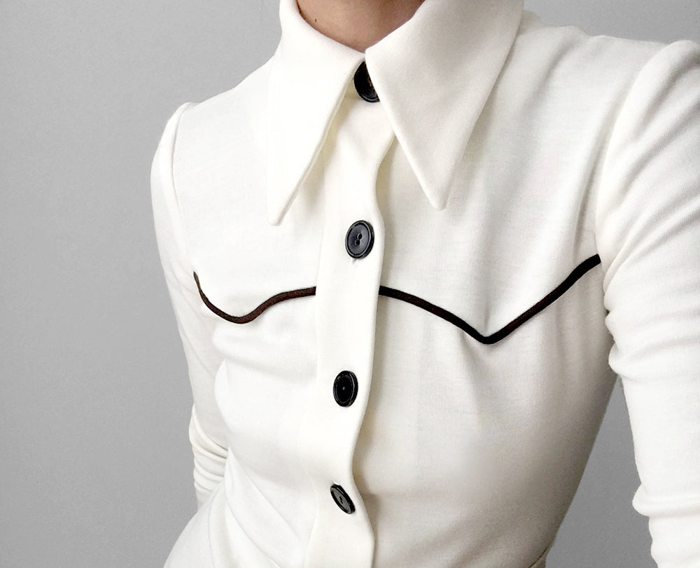 1970s Made in Canada Wide Lapel Button Up Off-White Belted Shirt Dress