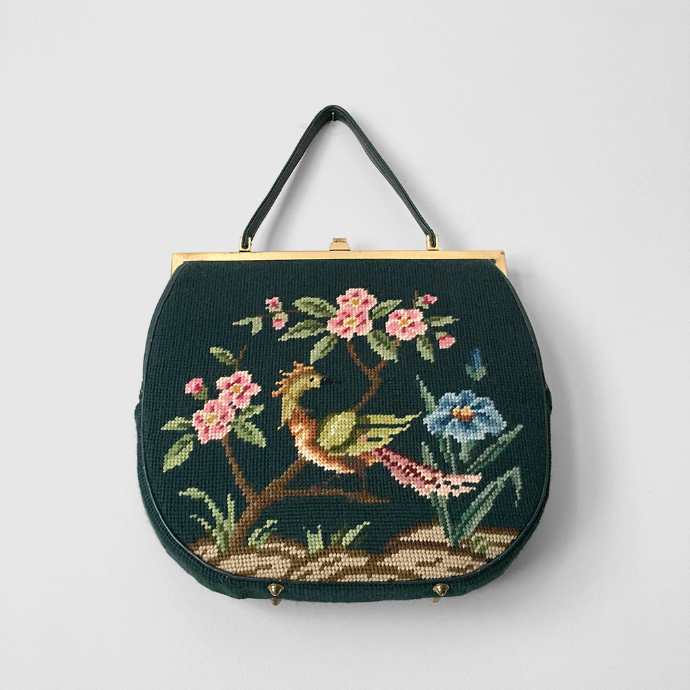 Teal Flower and Bird Needlepoint Handbag