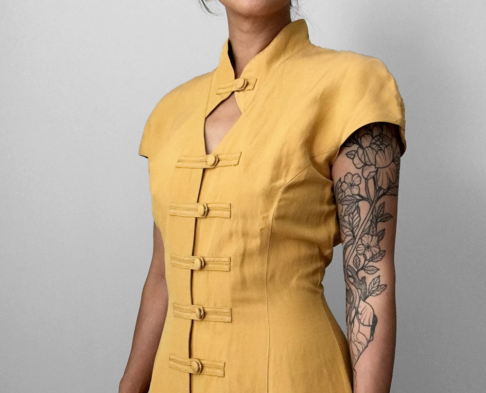 1990s Made in Germany Yellow Button-Front Mandarin Collar Dress