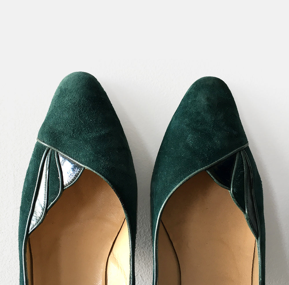 Emerald Green Suede Leather Art Deco Style Slip On Shoes