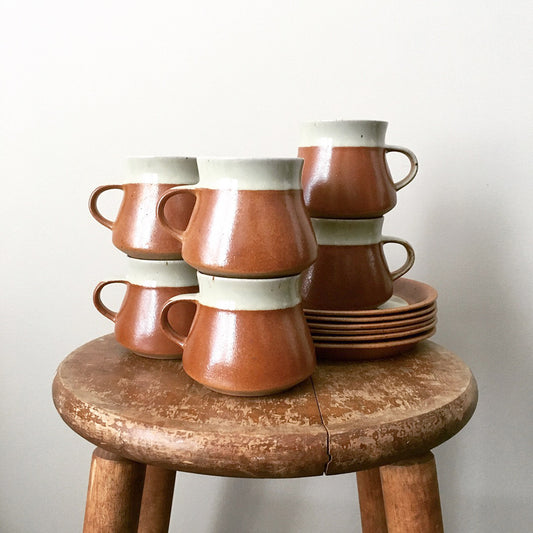 Made in Canada Rust Two-Tone Glazed Ceramic Pottery Cups and Saucers Set