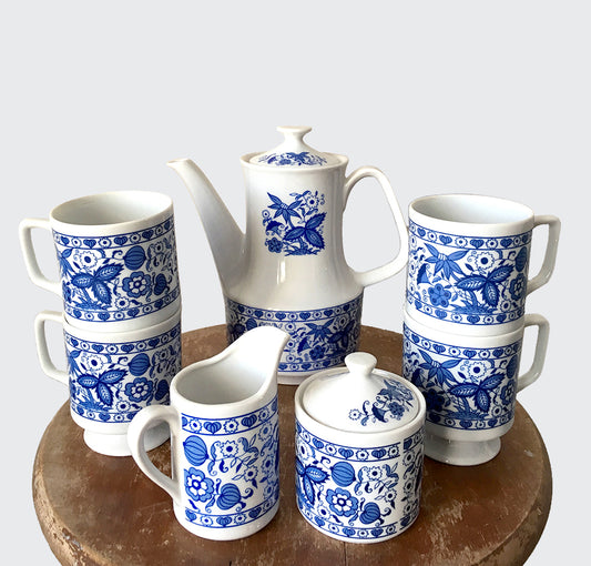 7 Piece Made in Japan Blue and White Floral-Motif Tea and Coffee Set