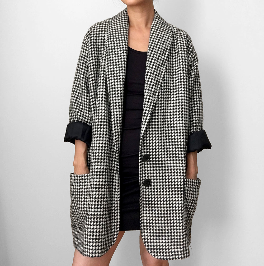 1980s Black and White Houndstooth Oversized Blazer Jacket