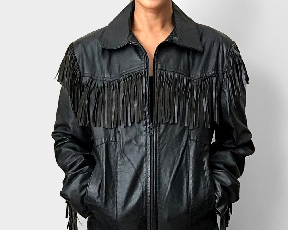 1970s Black Fringe Leather Biker Jacket