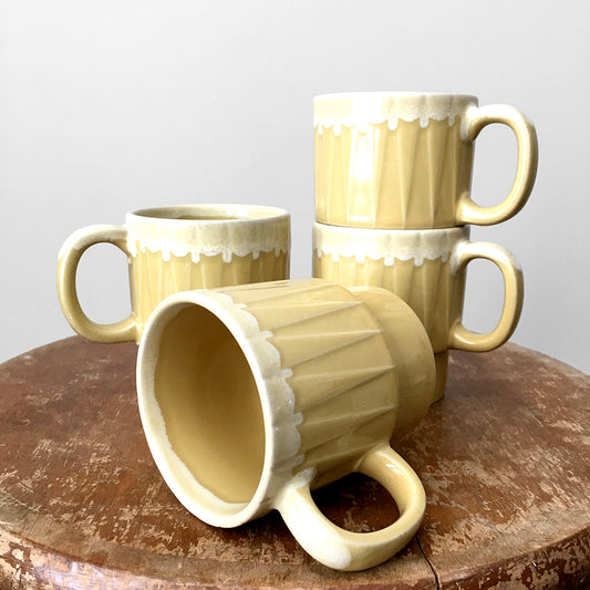 Set of 4 1970s Yellow and Cream Made in Japan Glazed Ceramic Stacking Mugs