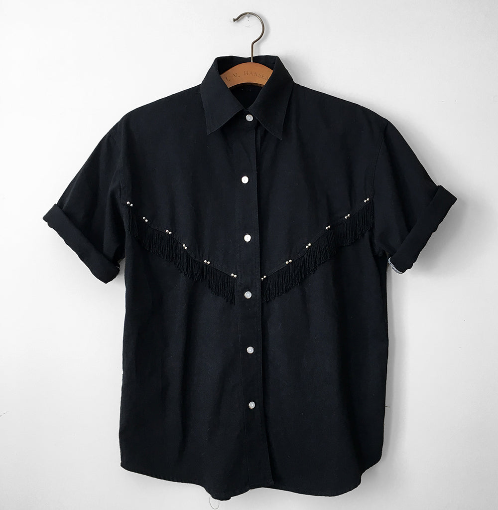 1980s Black Chambray Beaded Fringe Button-Front Collared Shirt