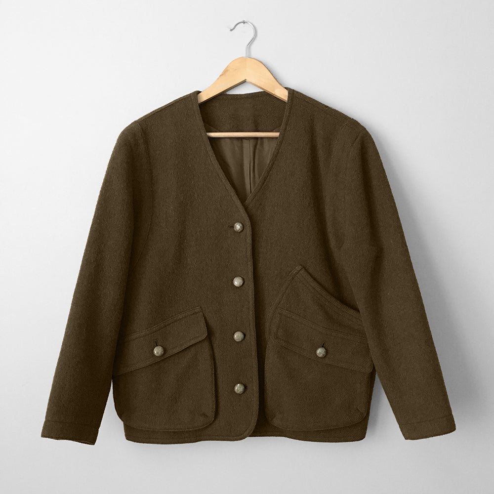 Olive-Green Wool-Blend Military-Inspired Boxy Jacket