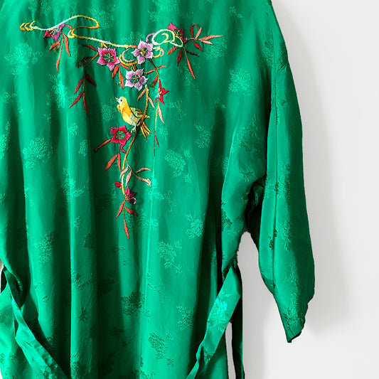 1970s Emerald-Green Silk Bird and Flower Embroidered Belted Robe