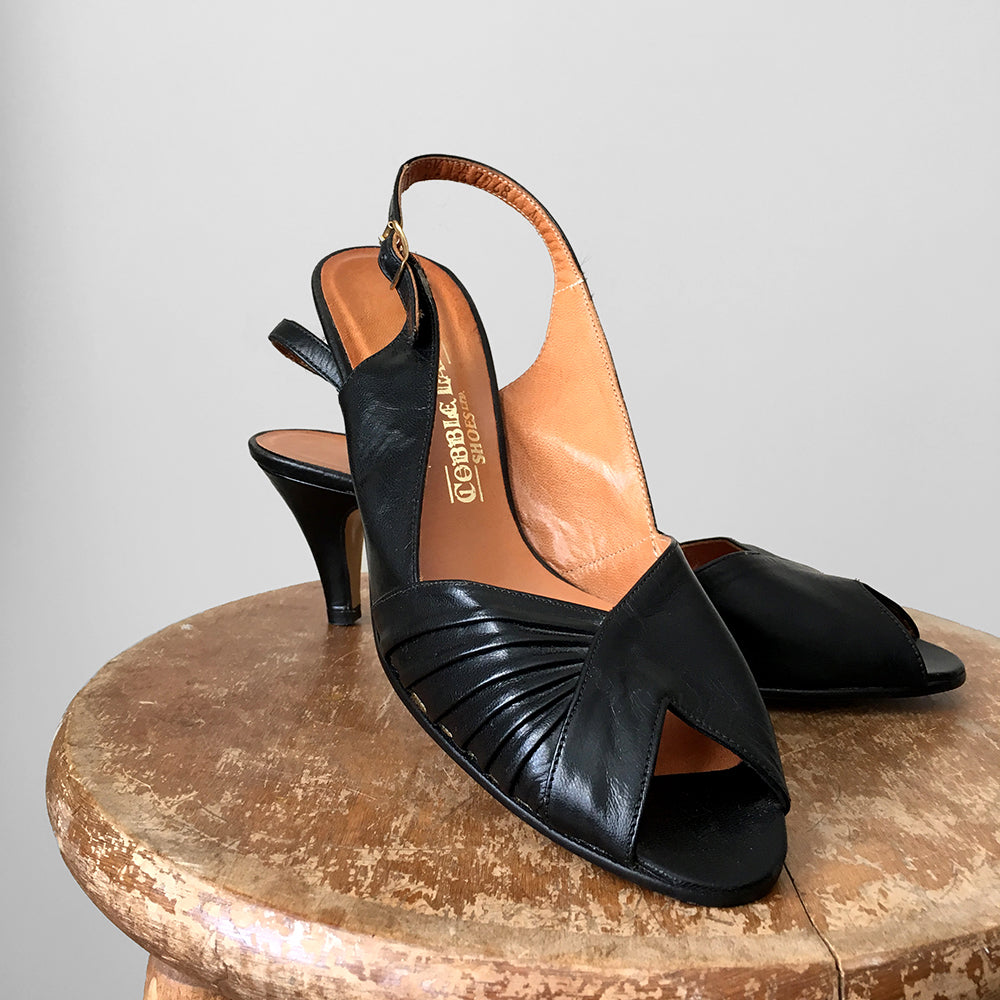 1970s Black Leather Peep Toe Slingback Heeled Shoes