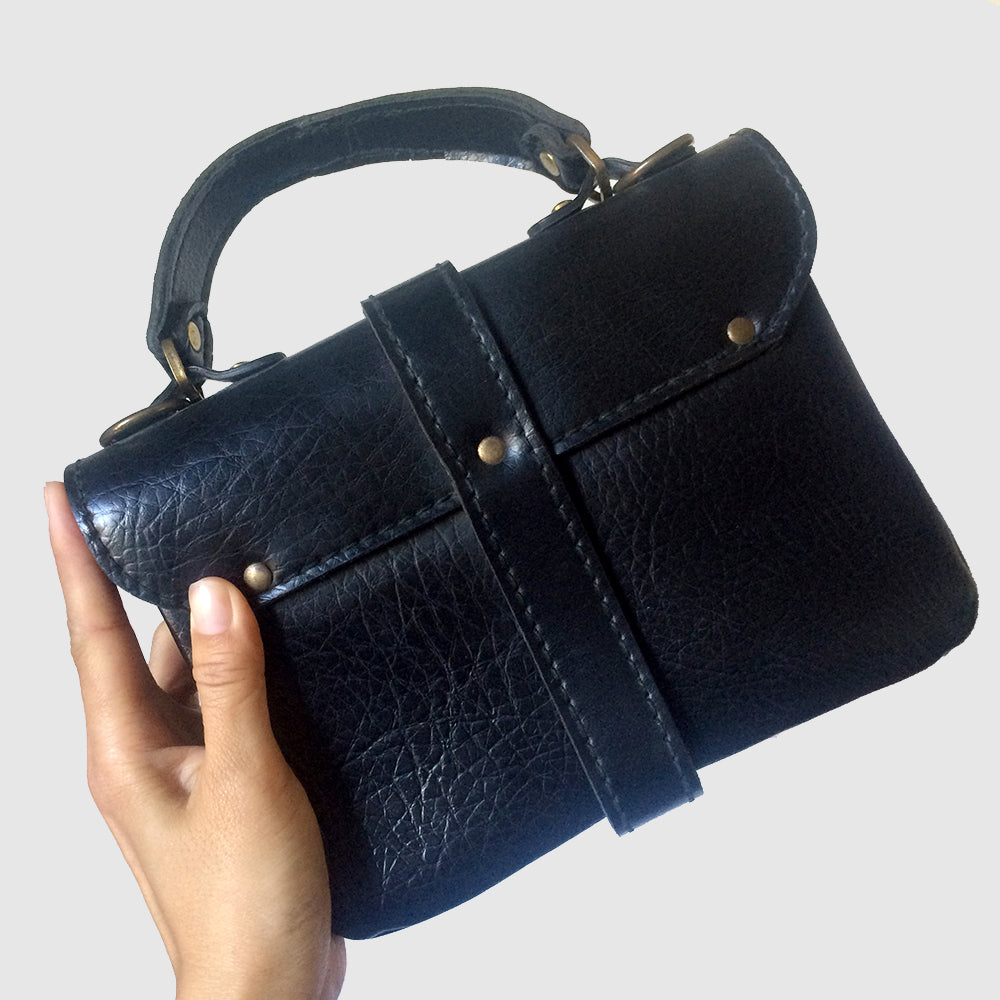 Compact 1970s Black Leather Top-Handle Handbag