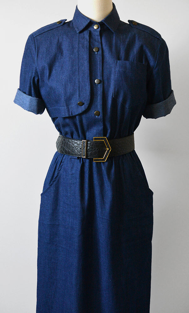 1960s Denim Button-Front Elastic Waist Uniform Dress