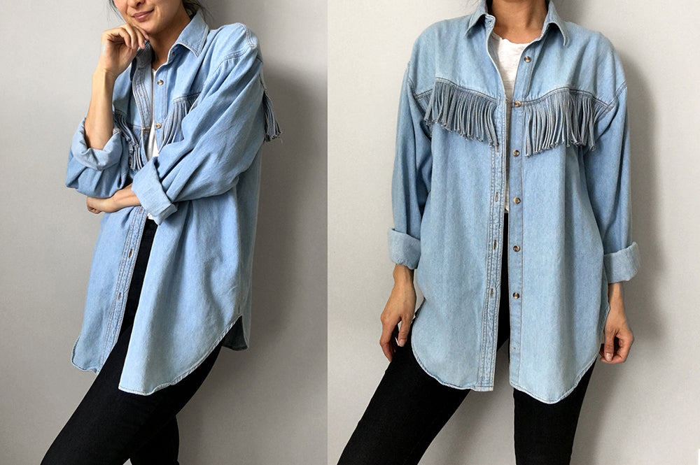 1990s Light-Wash South Western Fringe Button-Up Denim Jean Shirt