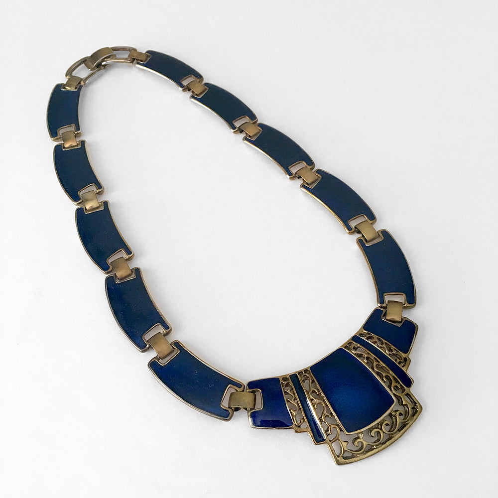 1970s Blue Gold-toned Enamel Sapphire Blue-Toned Link Necklace