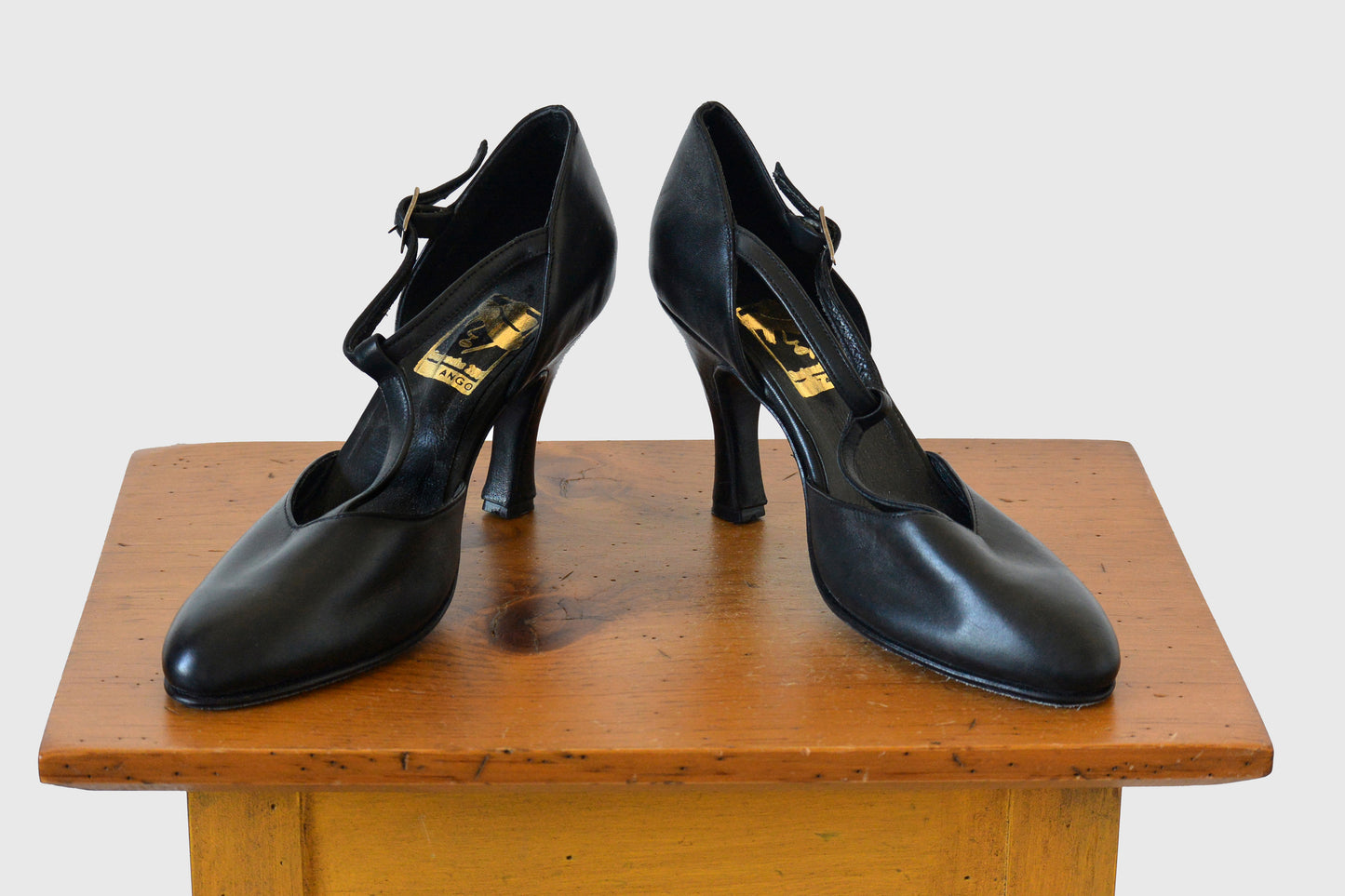 1970s Black Leather T-Strap High Heel Pump