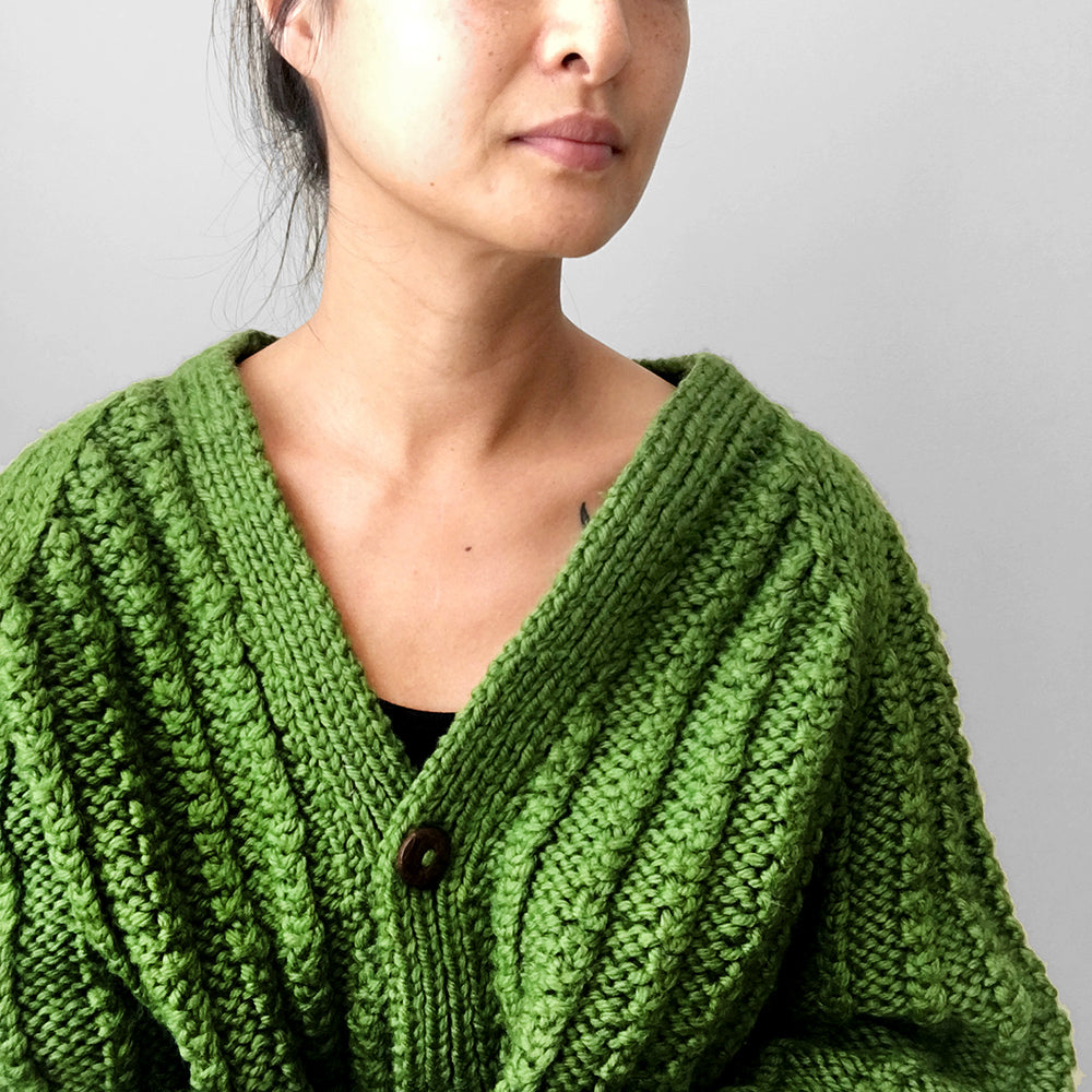 Apple-Green Button-Front Handmade Knit Cardigan