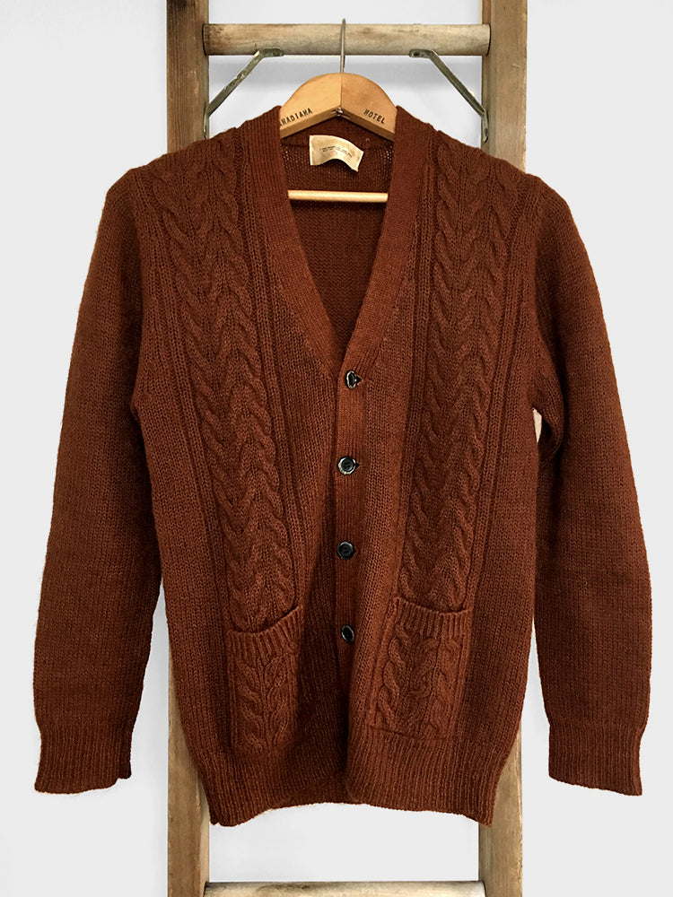 1970s Made in Japan Rust Cable-Knit Cardigan Sweater