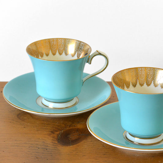 Set of 2 Vintage Turquoise and Gold Trimmed Made in England Ansley Teacup and Saucer Sets