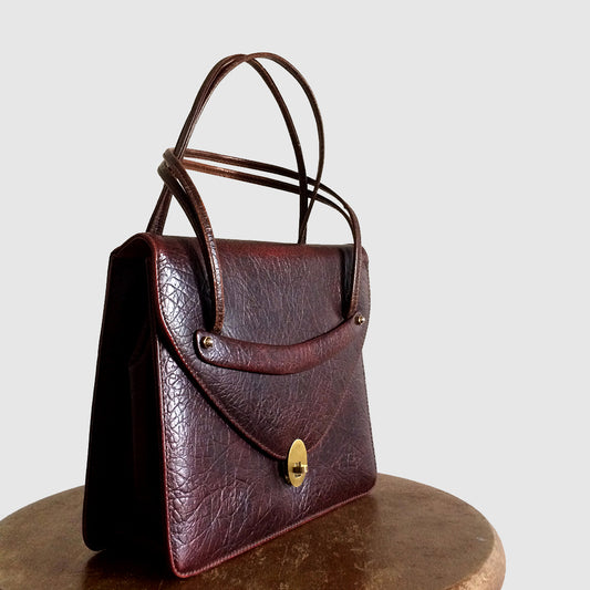 1960s Burgundy Faux Leather Top Handle Handbag