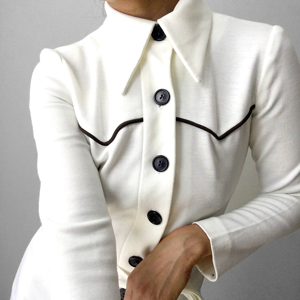 1970s Made in Canada Wide Lapel Button Up Off-White Belted Shirt Dress