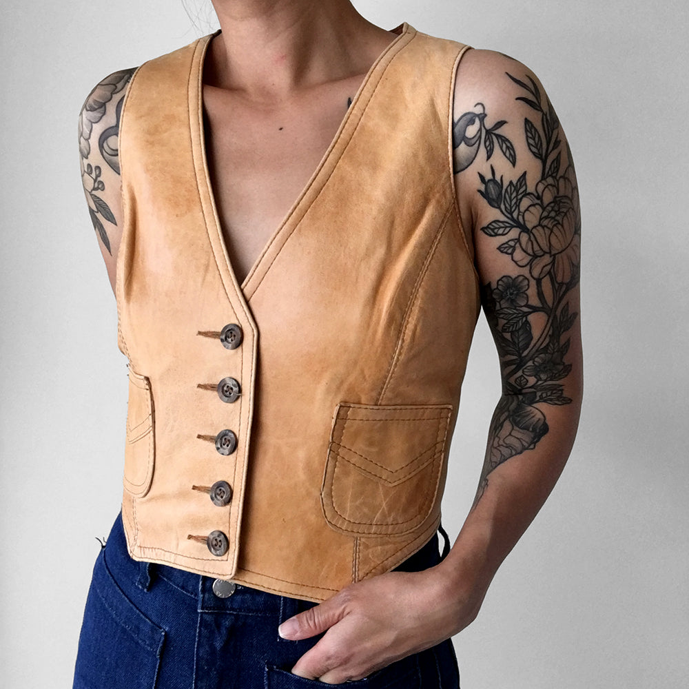 1970s Tan Leather Crop Button-Front Western Vest