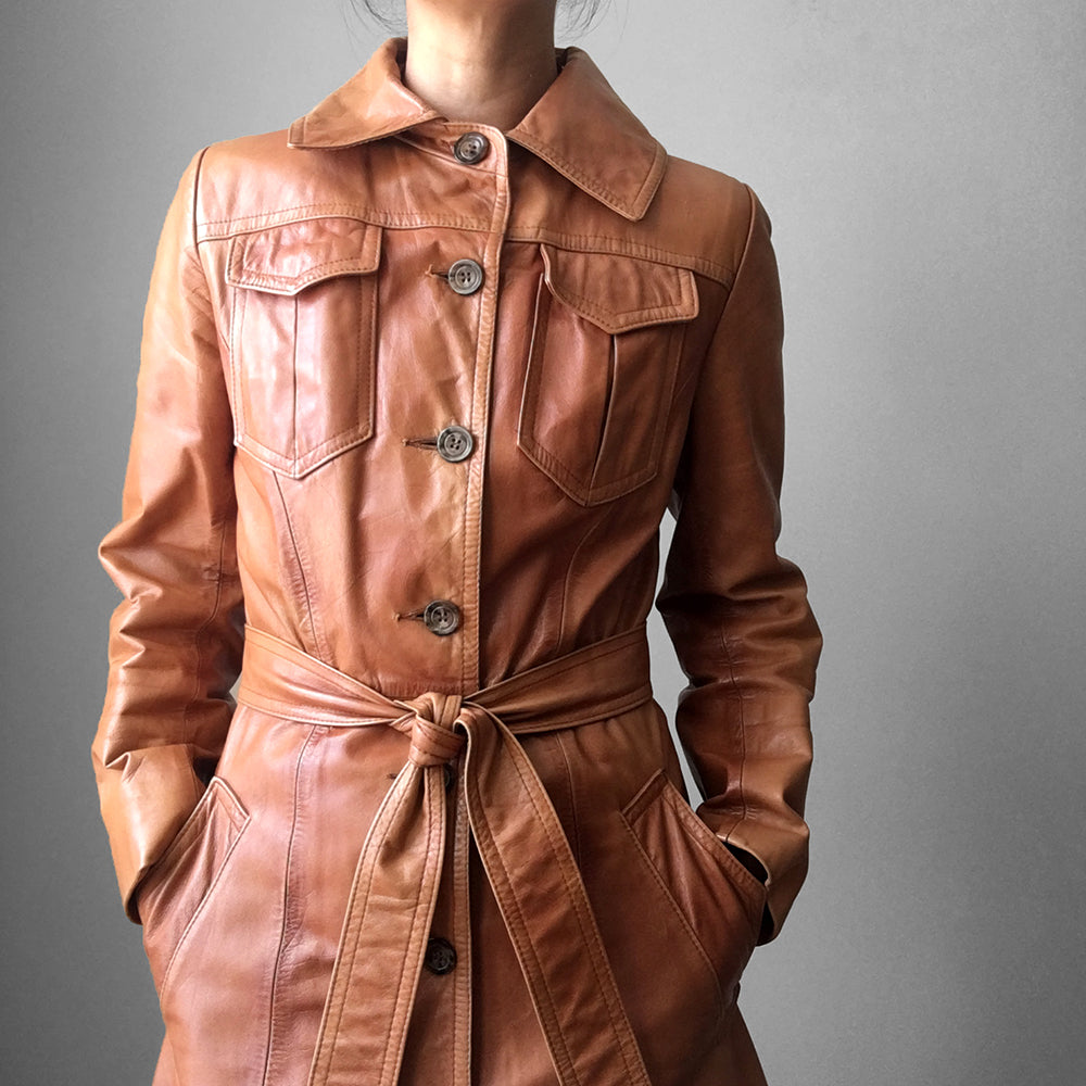 1970s Made in Canada Long Tobacco Brown Belted Leather Coat