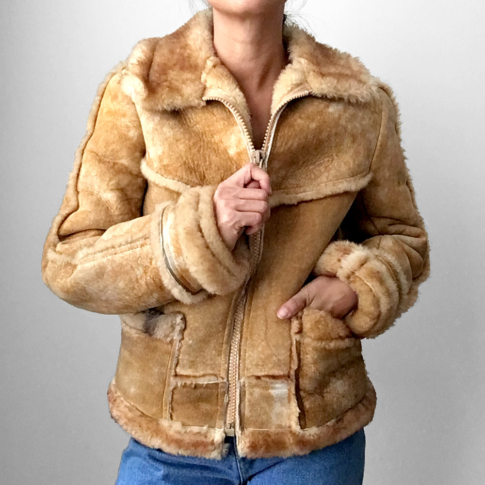 Tan Made in Canada Shearling Sheep Zip Front Jacket