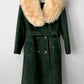 1970s Made in England Faux Fur Collared Hunter-Green Suede Leather Belted Coat