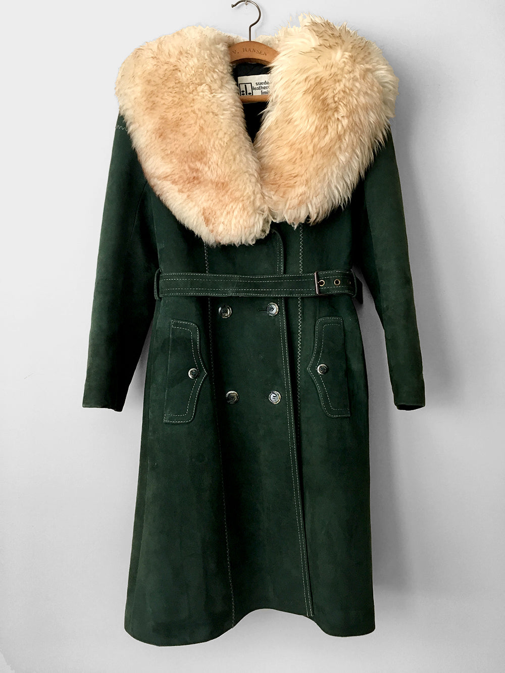 1970s Made in England Faux Fur Collared Hunter-Green Suede Leather Belted Coat