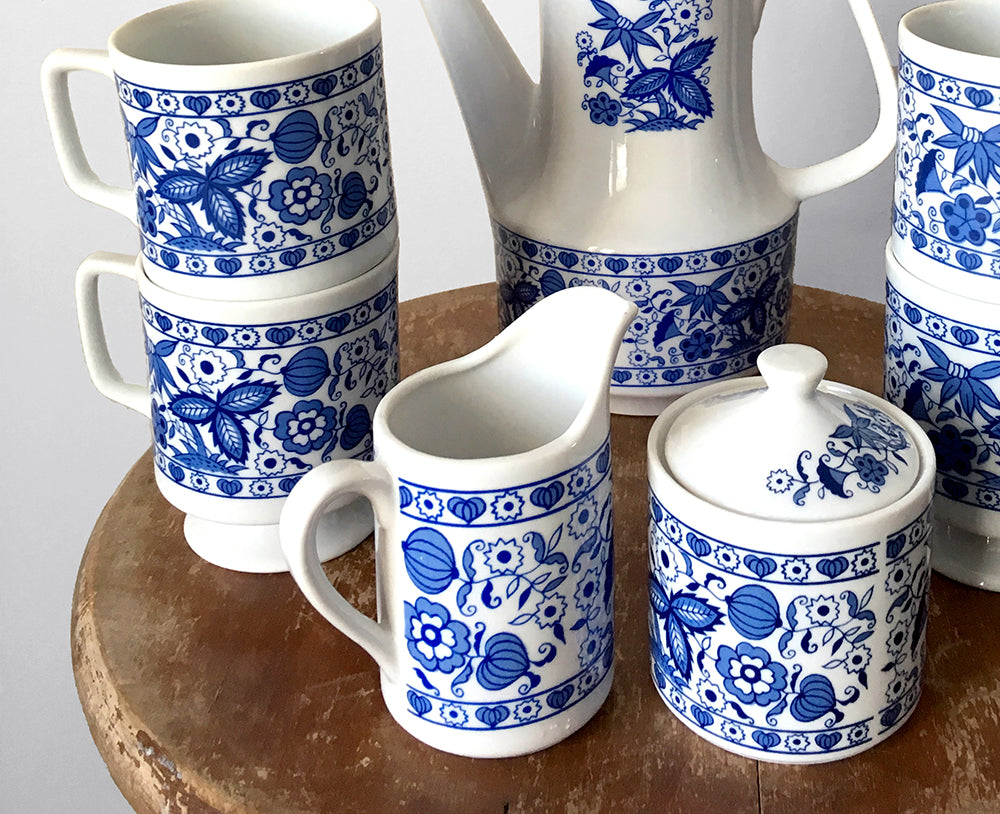 7 Piece Made in Japan Blue and White Floral-Motif Tea and Coffee Set