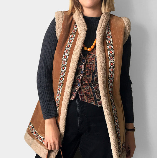 1970s Faux-Fur Lined Brown Velour Ribbon Vest