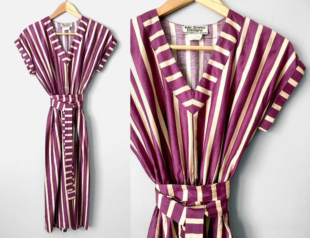 1970s Plum and Beige Stripe Made in Canada Cotton Belted Dress