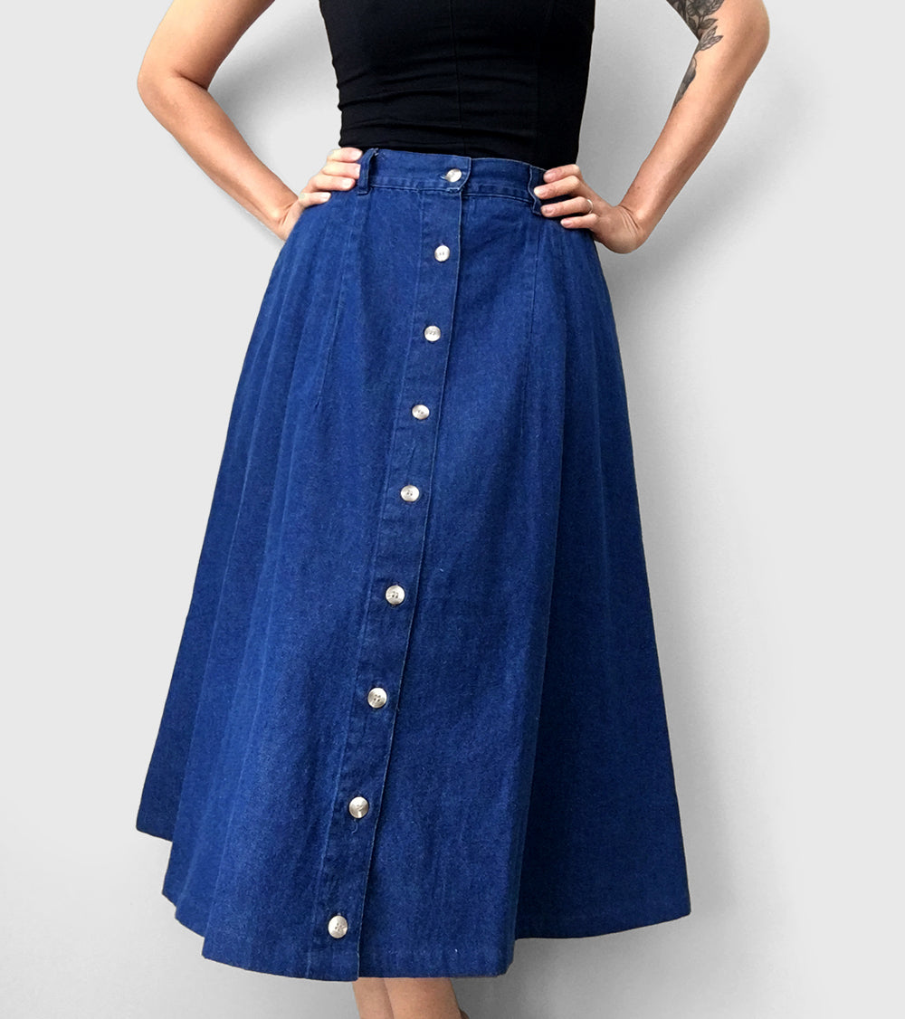 1990s Button-Front Dark Denim Midi-Length Skirt