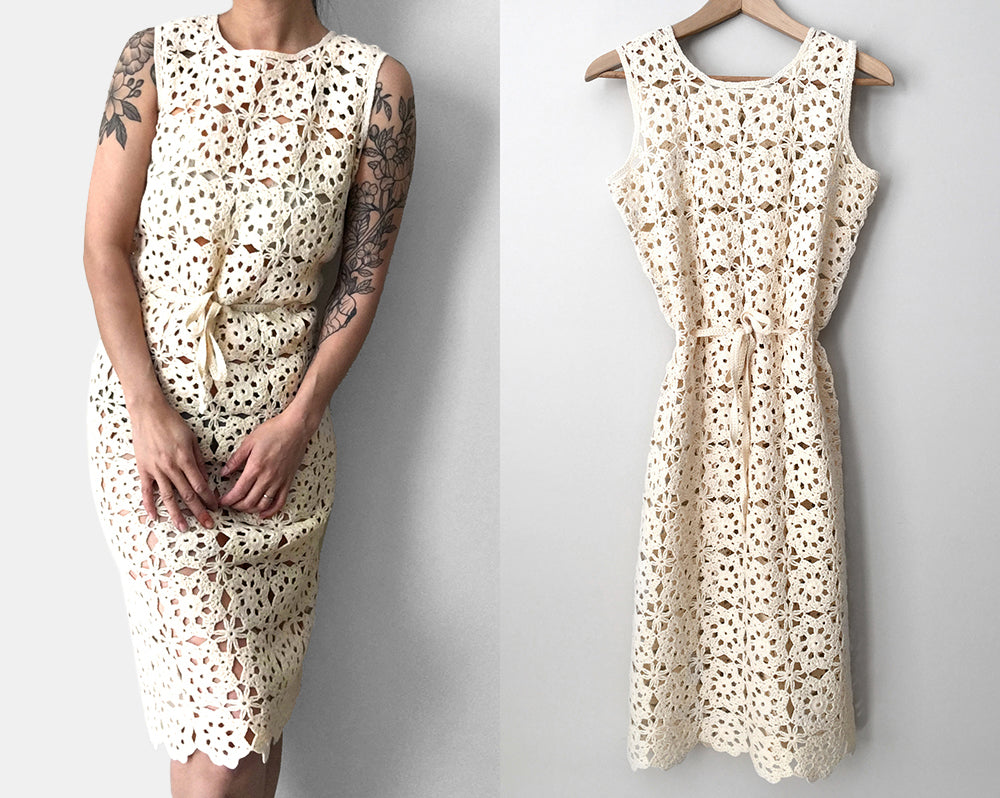 1970s Belted Knee-Length Fitted Cream Crochet Dress