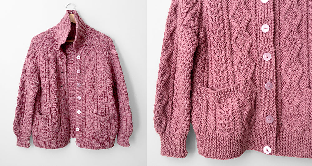 Handmade Dusty-Rose Cable-Knit Collared Knit Cardigan Sweater