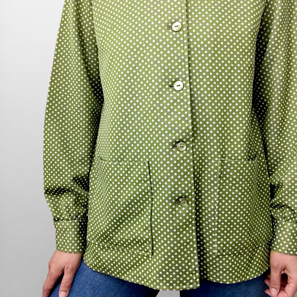 1970s Green Polka-Dot Wide Lapel Long Sleeve Button-Front Shirt