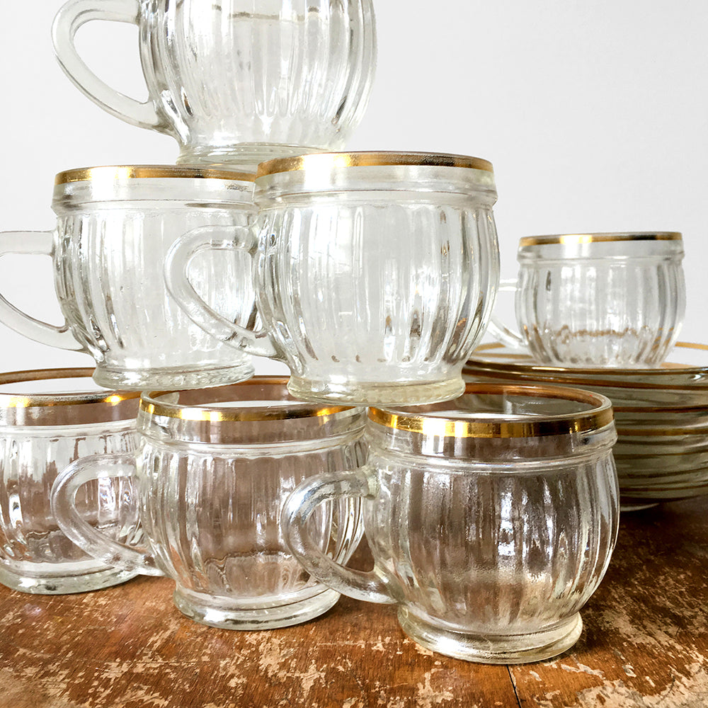 1950s French Cut-Glass Gold-Trimmed Demitasse Cups and Saucer Sets