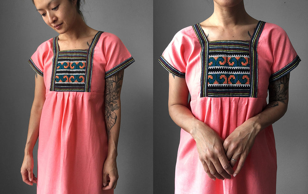 1970s Pink Cotton Linen Cross Stitch Dress