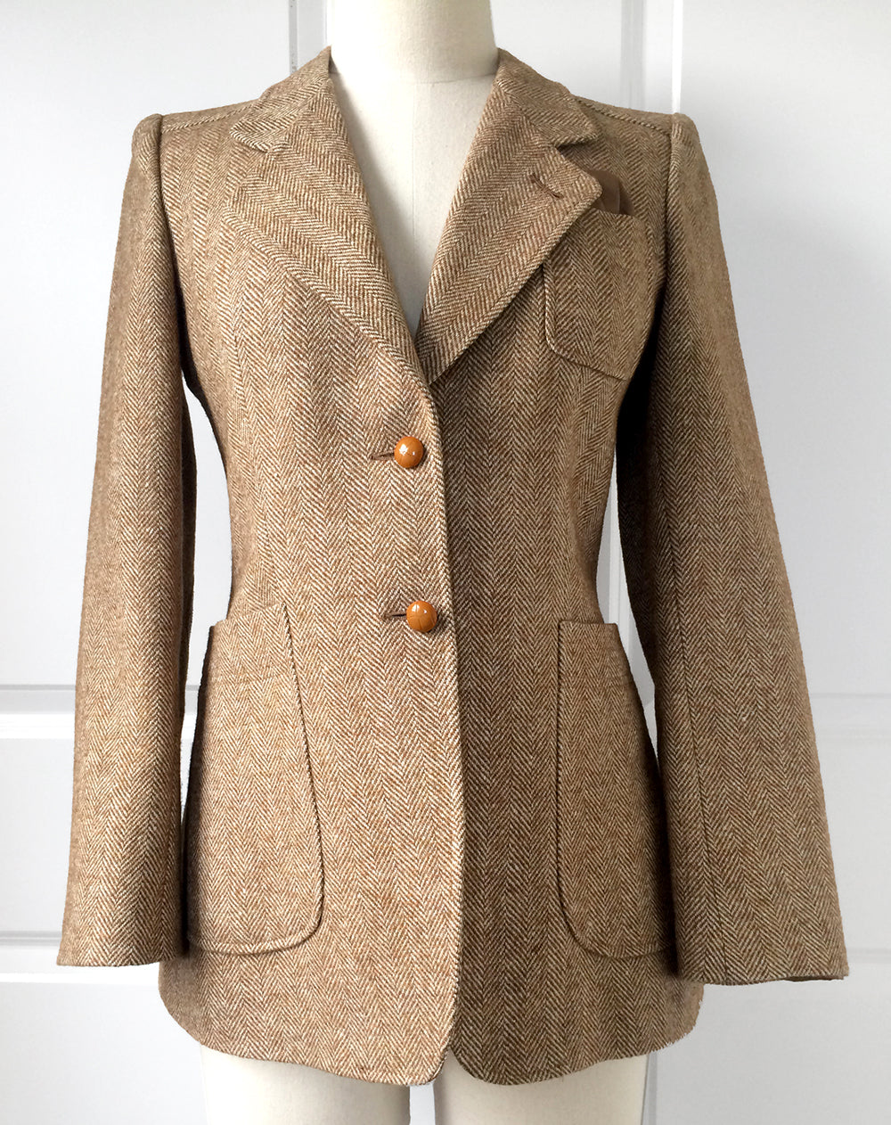 1970s Beige and Brown Tweed and Leather Made in France Fitted Blazer Jacket