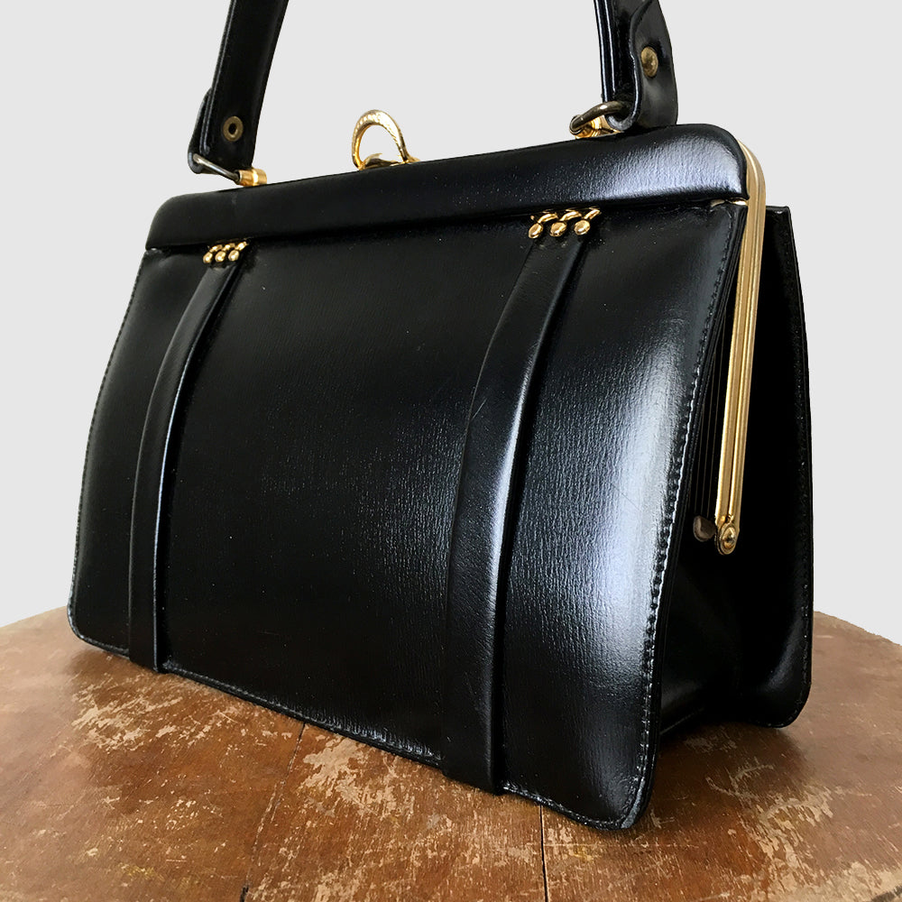 1950s La Marquise Structured Black Faux Leather Handbag w/Coin Purse