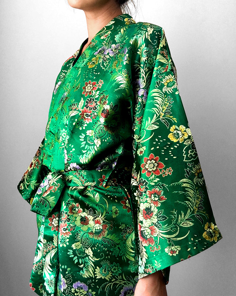 Emerald Green Satin Botanical Belted Kimono