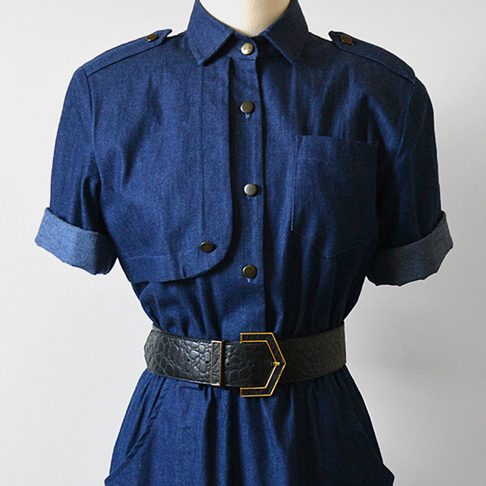 1960s Denim Button-Front Elastic Waist Uniform Dress