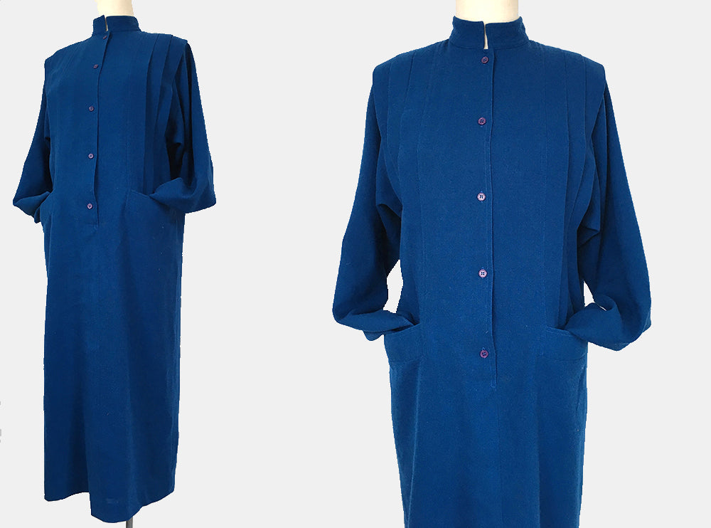 1980s Indigo Blue Wool Button-Front Made in Germany Pleated Dress